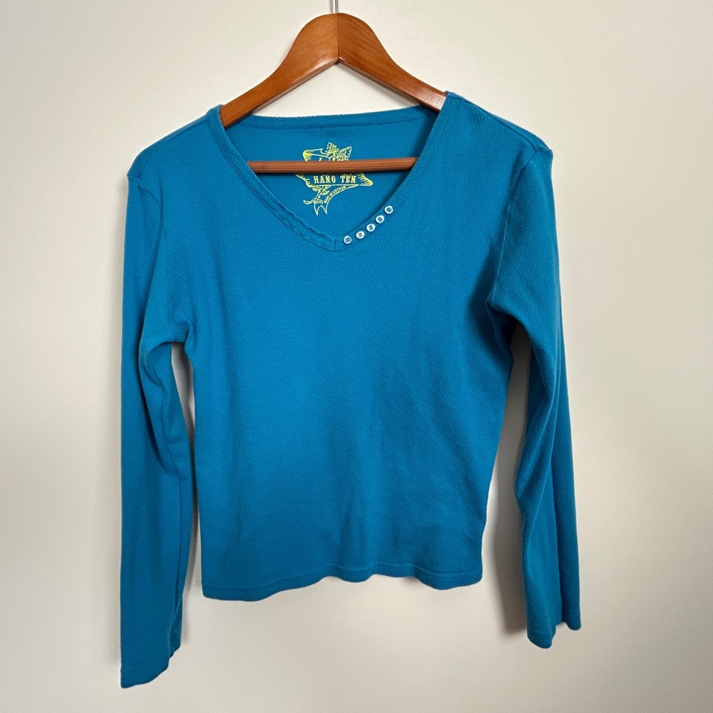 Hang Ten Long Sleeve Womens Teal V-Neck Cotton Thermal Shirt Size L